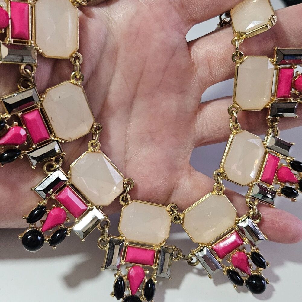 NY Gold Tone Statement Necklace 18-21" Pink Gray Black Rhinestones